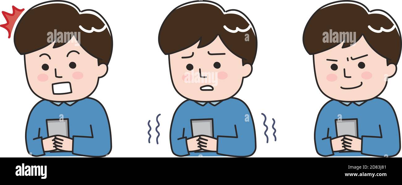 Expressions faciales d'un jeune homme utilisant un smartphone dans une mauvaise situation. Illustration vectorielle isolée sur fond blanc. Illustration de Vecteur