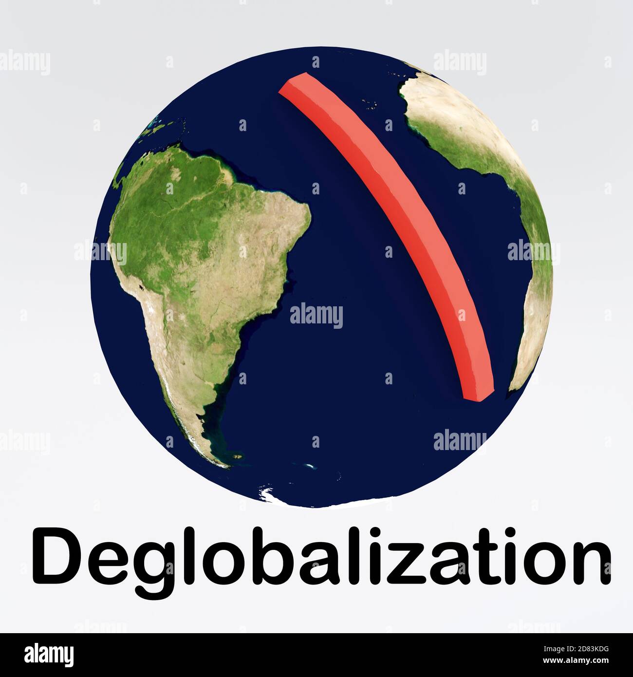 Modèle d'illustration 3D de la terre avec paroi rouge simbolique bloquant la connexion entre les continents, avec le script de démondialisation .éléments de cet imag Banque D'Images