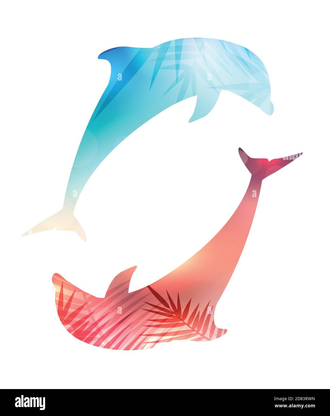 Illustration de la silhouette de couple sautant des dauphins avec un fond  flou de coucher de soleil et des feuilles de palmier. L'objet est séparé du  groupe arrière Image Vectorielle Stock -