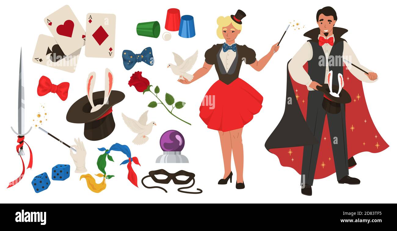 Jeu de magiciens, illustration isolée à vecteur plat. Personnages illusionnistes, masculins et féminins, outils pour la réalisation de tours. Illustration de Vecteur