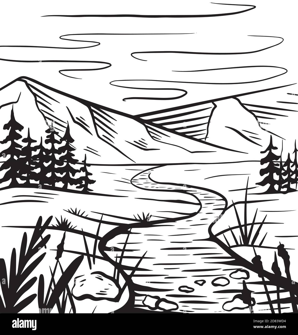 Croquis nature d'un pré avec une rivière, des montagnes et des fermes. Paisible paysage sauvage. Élément de griffonnage à encre vectorielle pour les étiquettes, les cartes et votre c Illustration de Vecteur