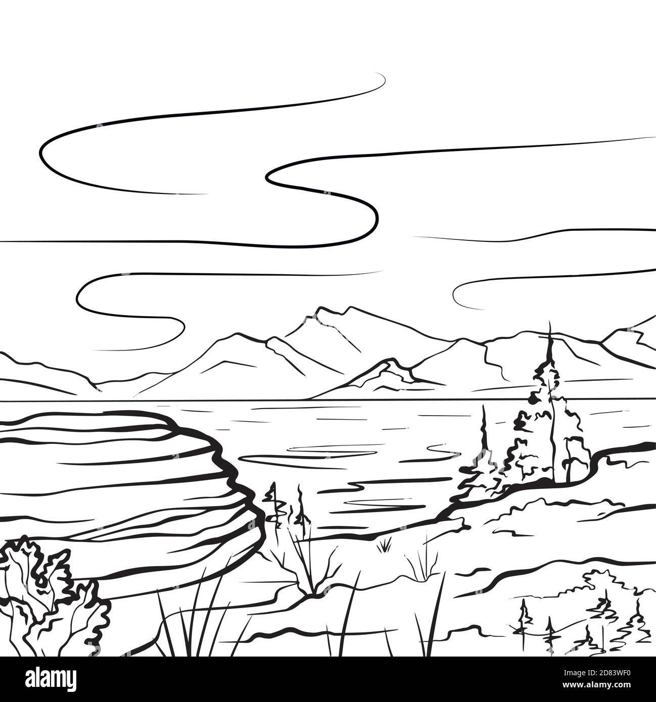 Croquis nature d'un lac, de montagnes, de pierres et de fermes. Paisible paysage sauvage. Élément de scribble à encre vectorielle pour les étiquettes, les cartes et votre creativit Illustration de Vecteur