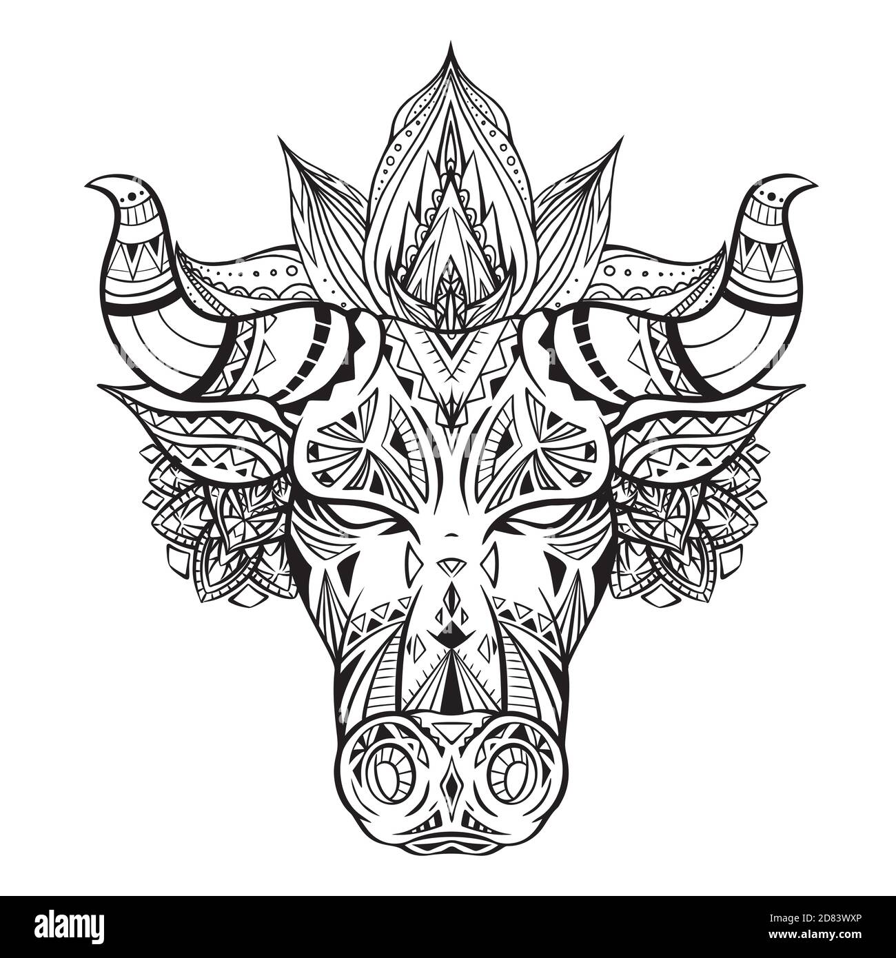 Illustration d'une tête de taureau avec décoration de boho et mandala. Le symbole de la nouvelle année 2021. Tracez le contour du bison indigène avec des cornes. Vecteur illus Illustration de Vecteur