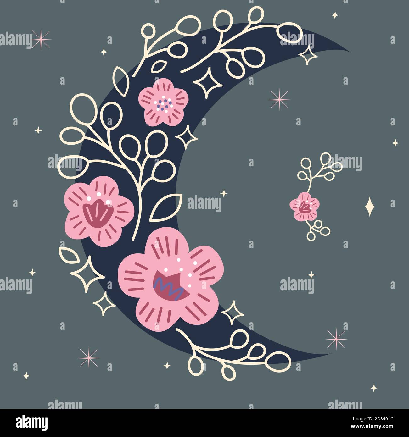 Carte céleste avec lune et fleurs Illustration de Vecteur