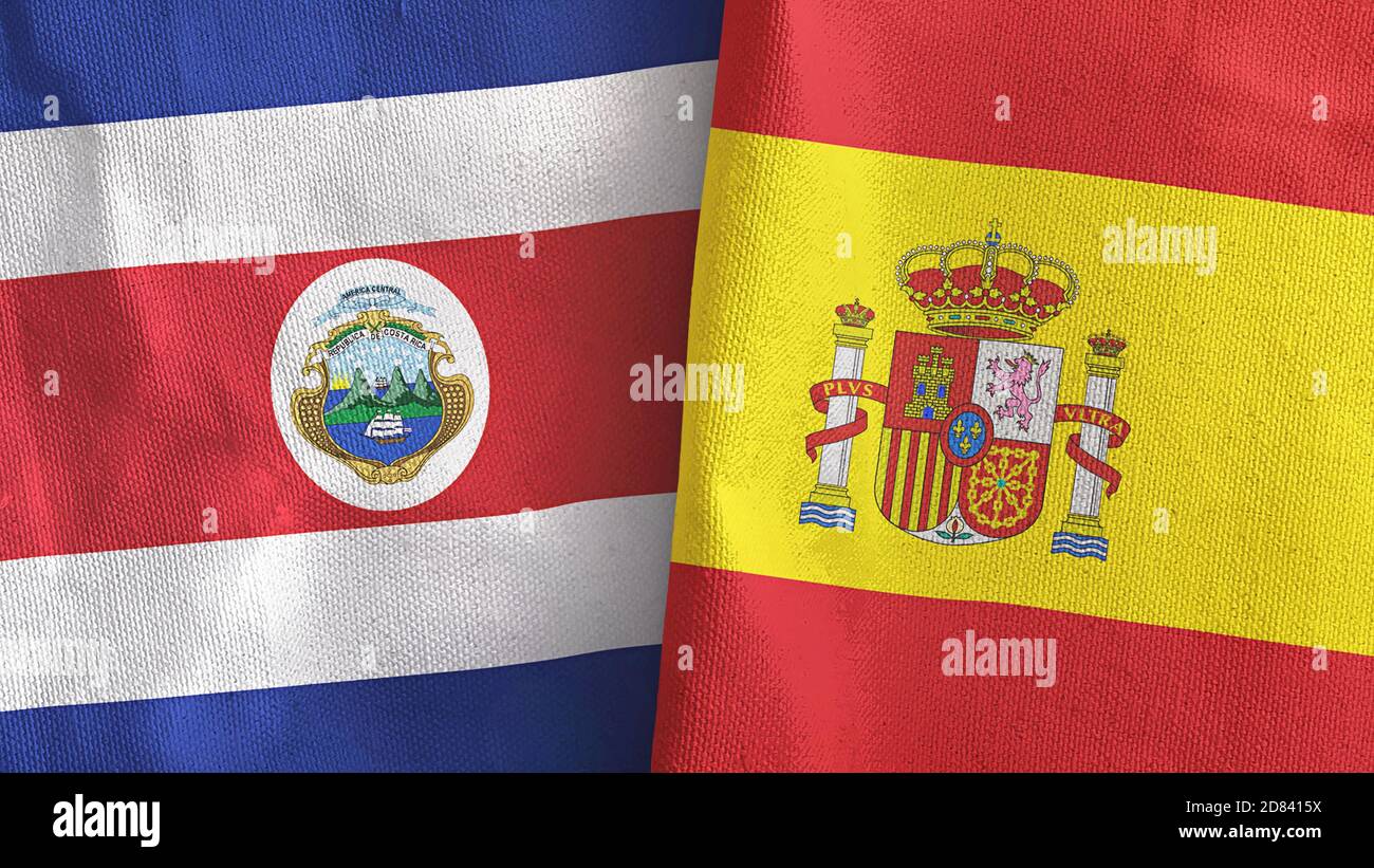 Espagne et Costa Rica deux drapeaux textile tissu rendu 3D Banque D'Images