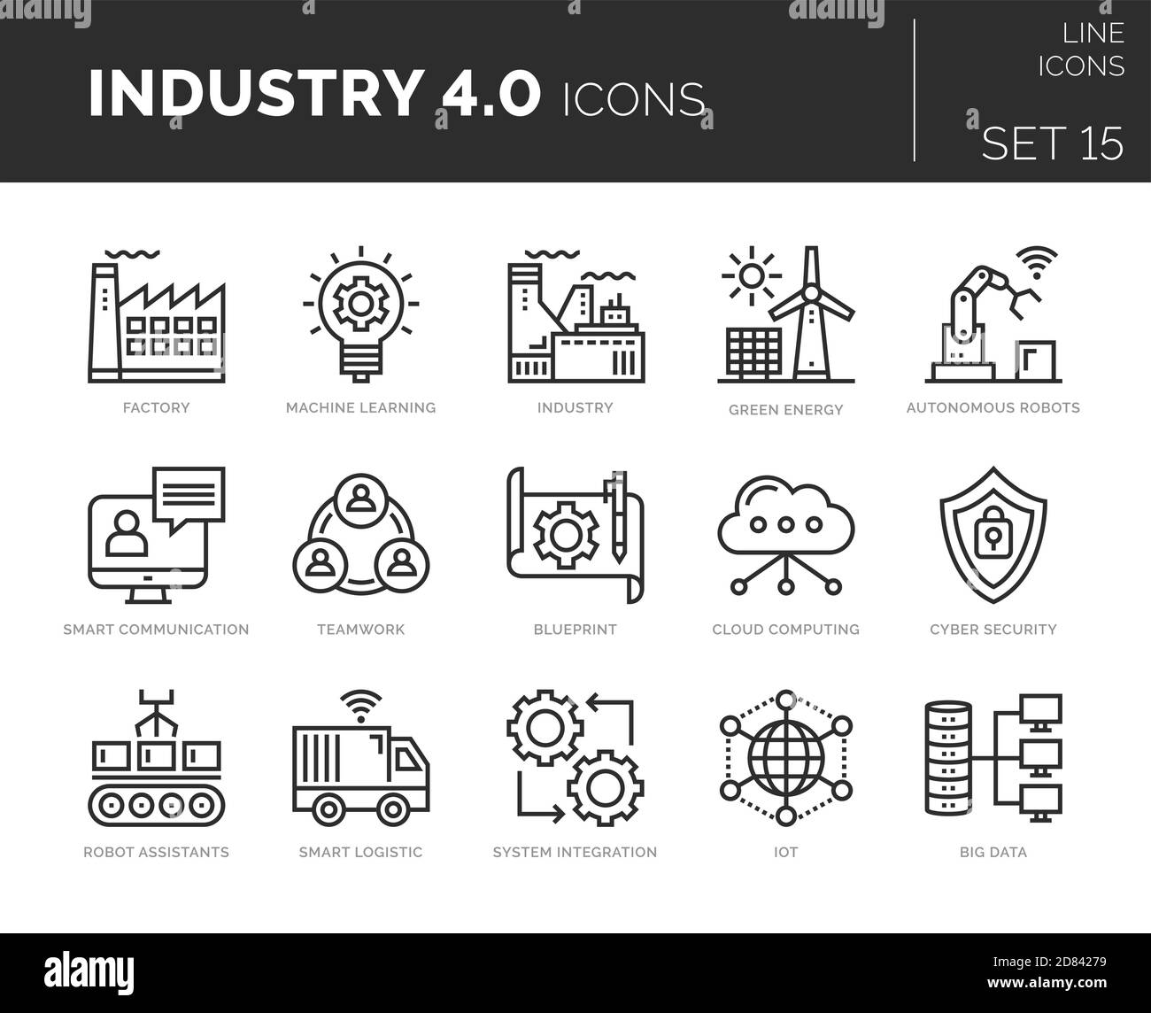 Ensemble d'icônes Vector Industry 4.0. Les icônes sont en conception plate / ligne avec des éléments pour les concepts mobiles et les applications Web. Collection de journaux infographiques modernes Illustration de Vecteur