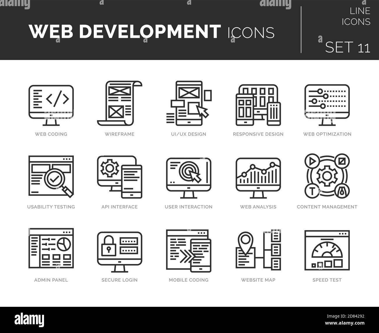Ensemble d'icônes de développement web vectoriel. Les icônes sont en conception plate / ligne avec des éléments pour les concepts mobiles et les applications Web. Collection d'infographies modernes Illustration de Vecteur
