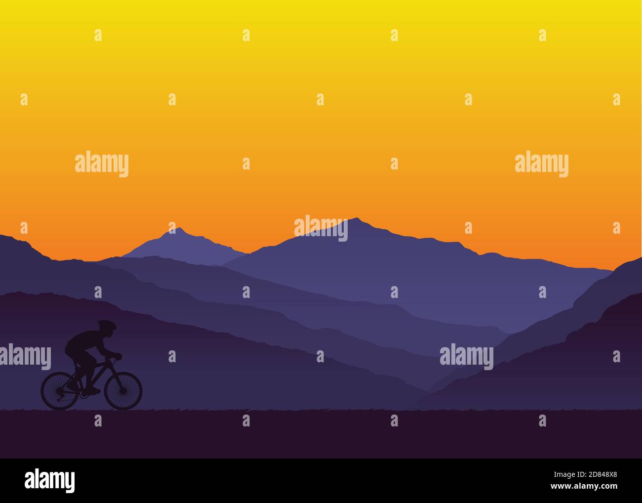 Personne à vélo. Montagne et coucher de soleil. Illustration vectorielle Illustration de Vecteur