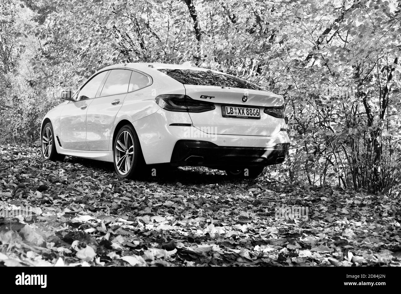 Vue arrière de la BMW GT 630I blanche en automne Banque D'Images