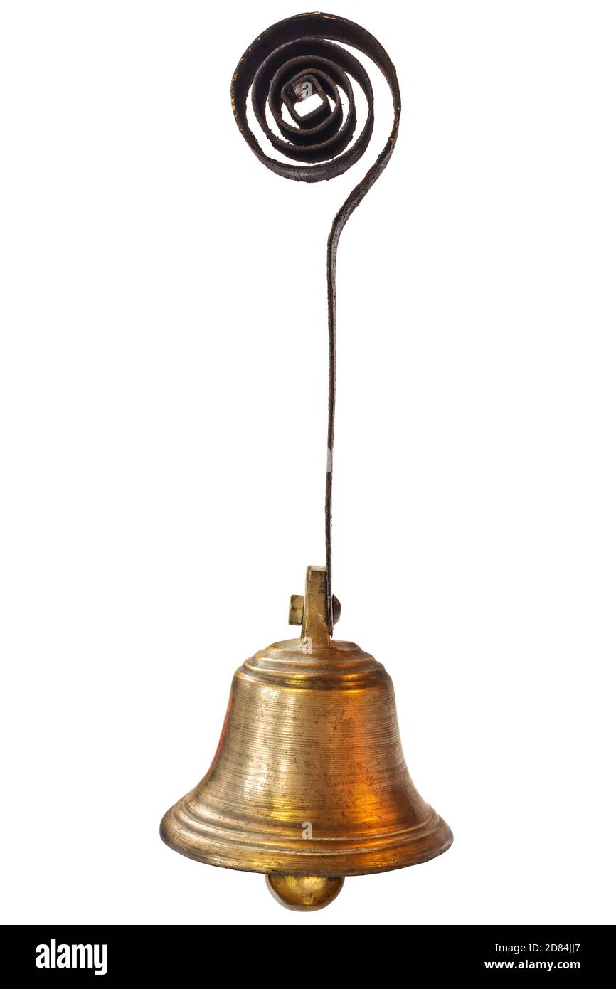 Petite ancienne cloche suspendue isolée sur fond blanc Banque D'Images