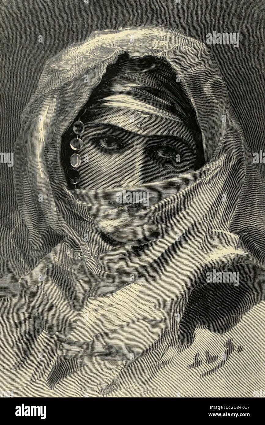 Gravure en bois d'un portrait d'une jeune femme cairène en foulard traditionnel du livre 'la Palestine pittoresque, le Sinaï et l'Egypte : la vie sociale en Egypte; une description du pays et de son peuple' avec des illustrations sur l'acier et le bois de Wilson, Charles William, Sir, 1836-1905; Lane-Poole, Stanley, 1854-1931. Publié par J.S. Virtue à Londres en 1884 Banque D'Images