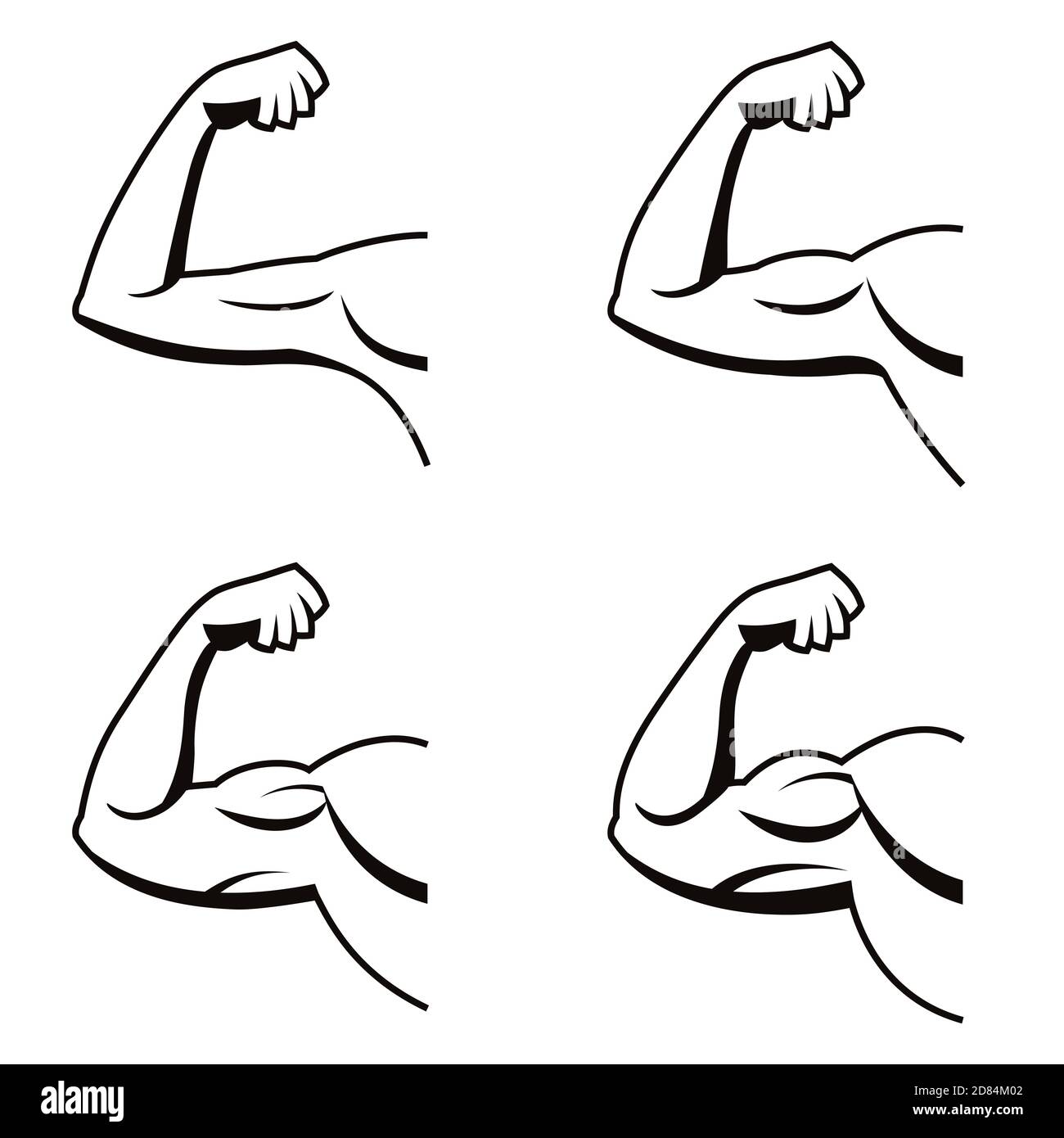 Ensemble vectoriel de bras forts avec biceps contractés. Illustration des muscles en noir et blanc. Logo de la salle de sport. Illustration de Vecteur