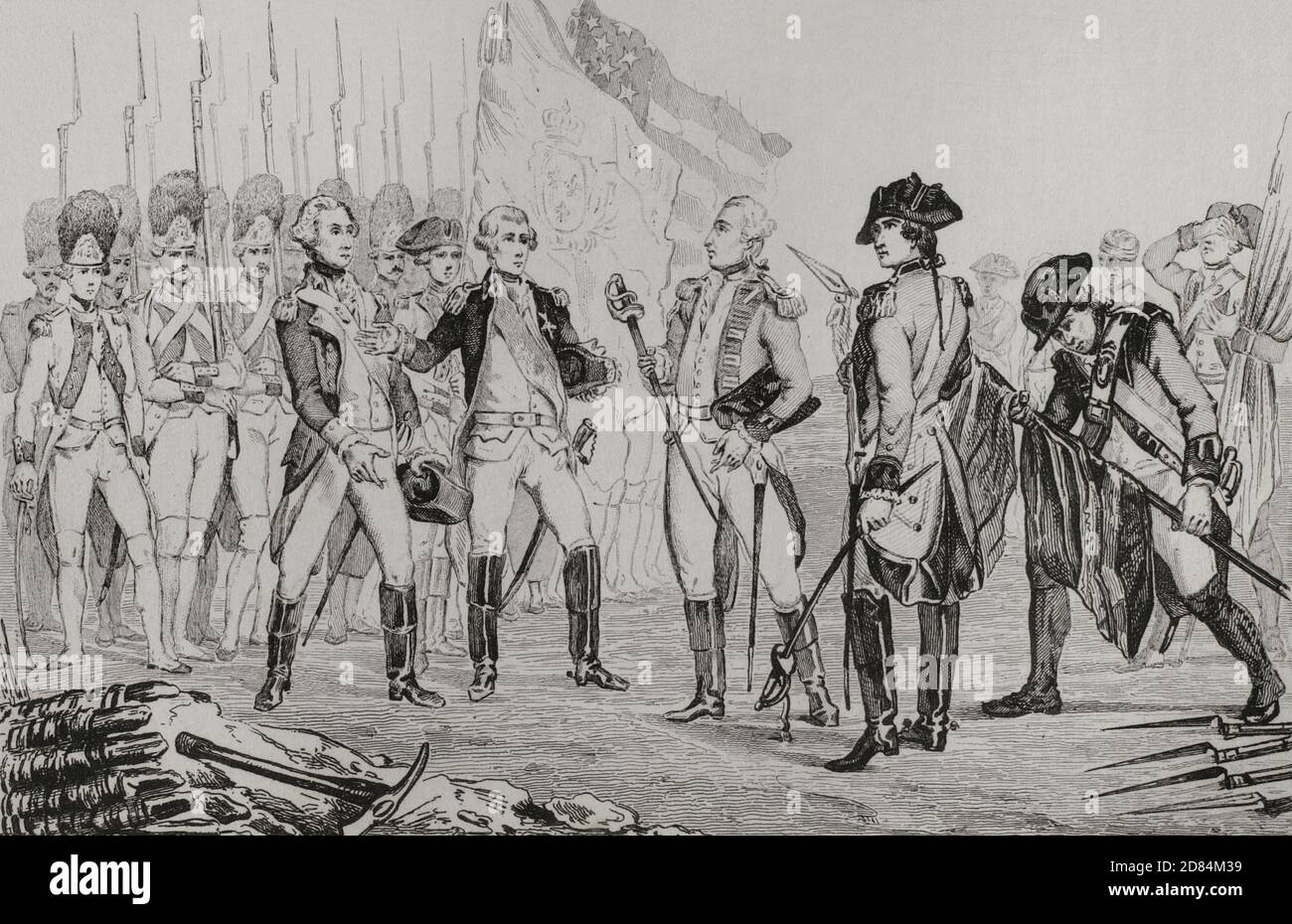 Guerre d'indépendance des États-Unis d'Amérique. Le général britannique Cornwallis (1738-1805) se rendira après la bataille de Yorktown, en Virginie, le 19 octobre 1781. L'armée américaine a vaincu les Britanniques. Le général Cornwallis a remis ses troupes. Pour plaider la maladie, Cornwallis n’a pas assisté à la cérémonie de remise, mais son second commandement, le général Charles O’Hara, a porté l’épée de Cornwallis aux commandants américains et français. Gravure par Vernier. Panorama universel. Histoire des Etats-Unis d'Amérique, de la 1ère édition de Jean B.G. Les États-Unis d'Amérique du Roux de Rochelle en 1837. Édition espagnole Banque D'Images