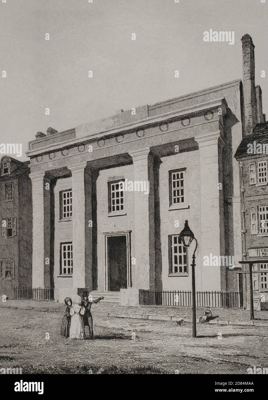 États-Unis, Pennsylvanie, Philadelphie. L'Institut Franklin. Fondée en 1824, elle était à l'origine située dans le hall de l'indépendance. Il a bientôt été déplacé du côté est de la 7e rue dans le bâtiment représenté dans cette gravure. Dans les années 1930, l'Institut a déménagé à son emplacement actuel et ce bâtiment est devenu la maison du musée Atwater Kent, actuellement le musée d'histoire de Philadelphie. Gravure par Traversier. Panorama universel. Histoire des Etats-Unis d'Amérique, de la 1ère édition de Jean B.G. Les États-Unis d'Amérique du Roux de Rochelle en 1837. Édition espagnole, imprimée à Barcelone, 1850. Banque D'Images