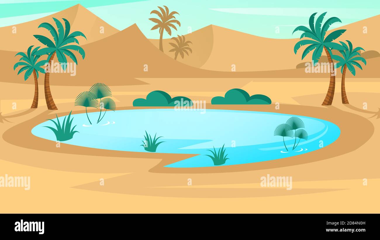 Oasis dans le désert. Paysage en design plat. Illustration vectorielle avec dunes de sable, lac bleu et palmiers. Illustration de Vecteur