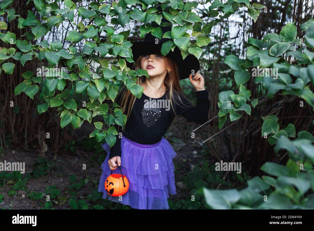Petite fille en costume de sorcière sur Halloween trick ou traiter dans le jardin Banque D'Images