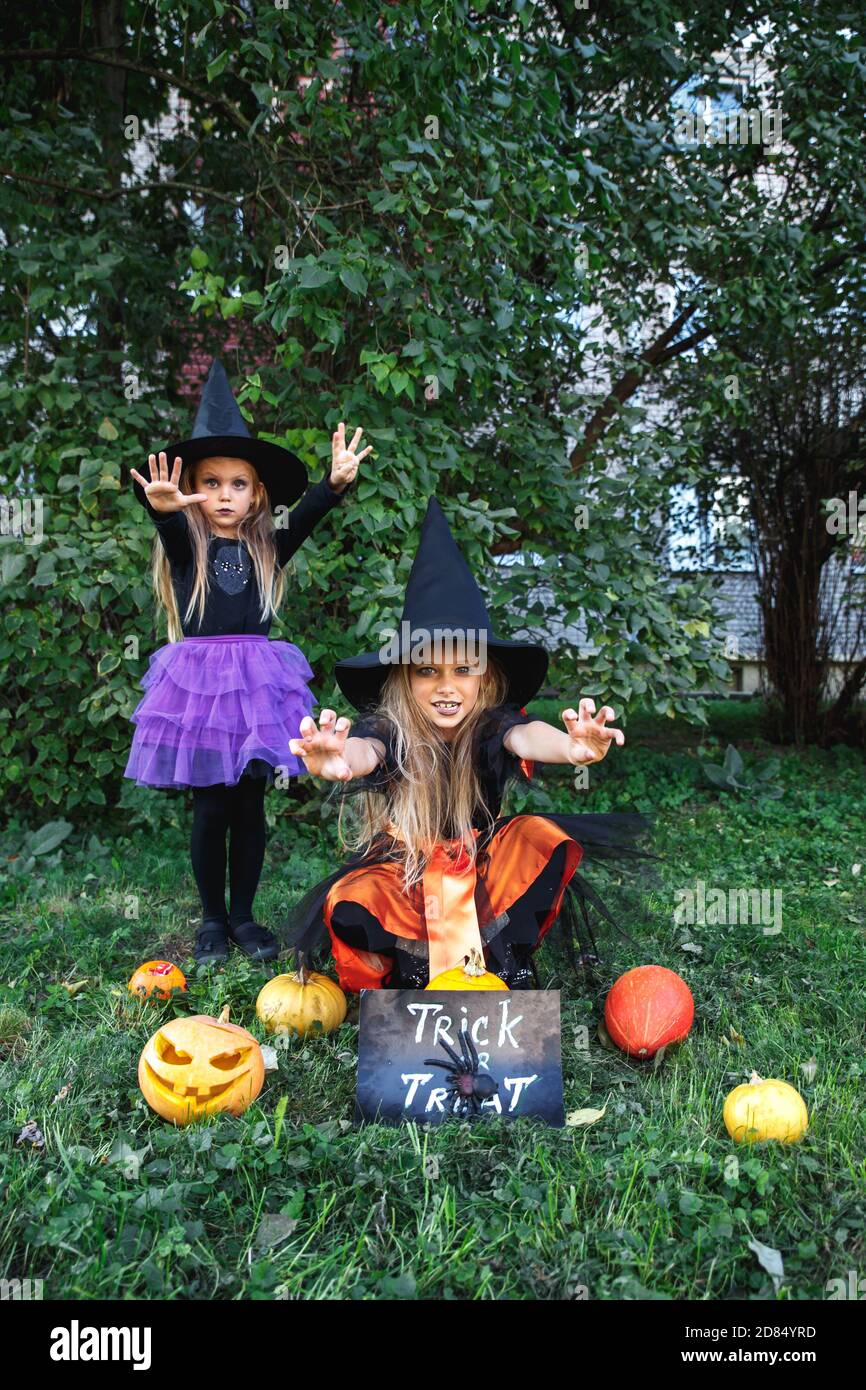 Deux petites filles en costumes de sorcière ayant l'amusement sur Halloween en plein air. Trick or Treat Banque D'Images