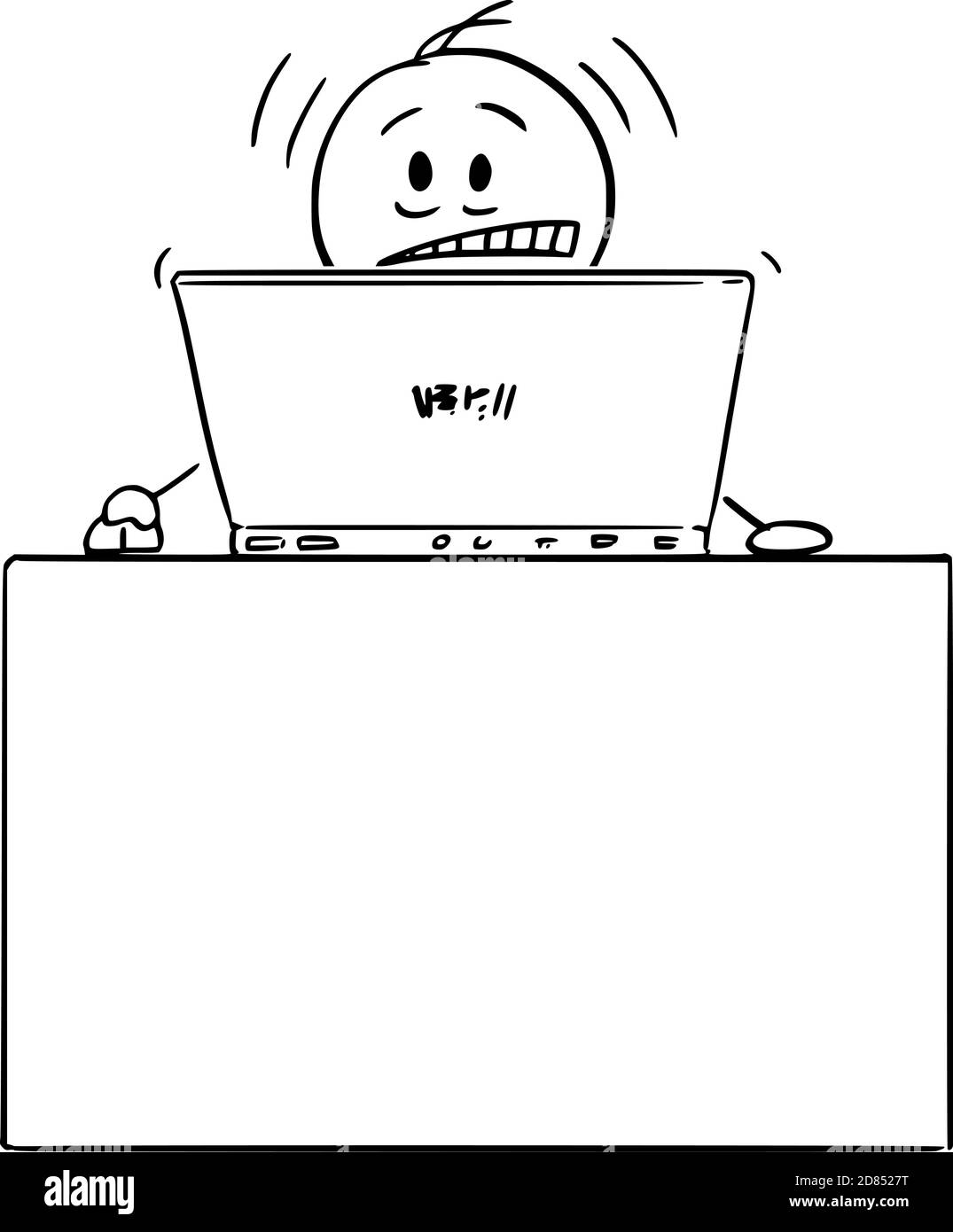 Dessin animé vectoriel illustration d'un homme ou d'un homme d'affaires frustré ou stressé travaillant à taper sur un ordinateur derrière un bureau à domicile. Illustration de Vecteur