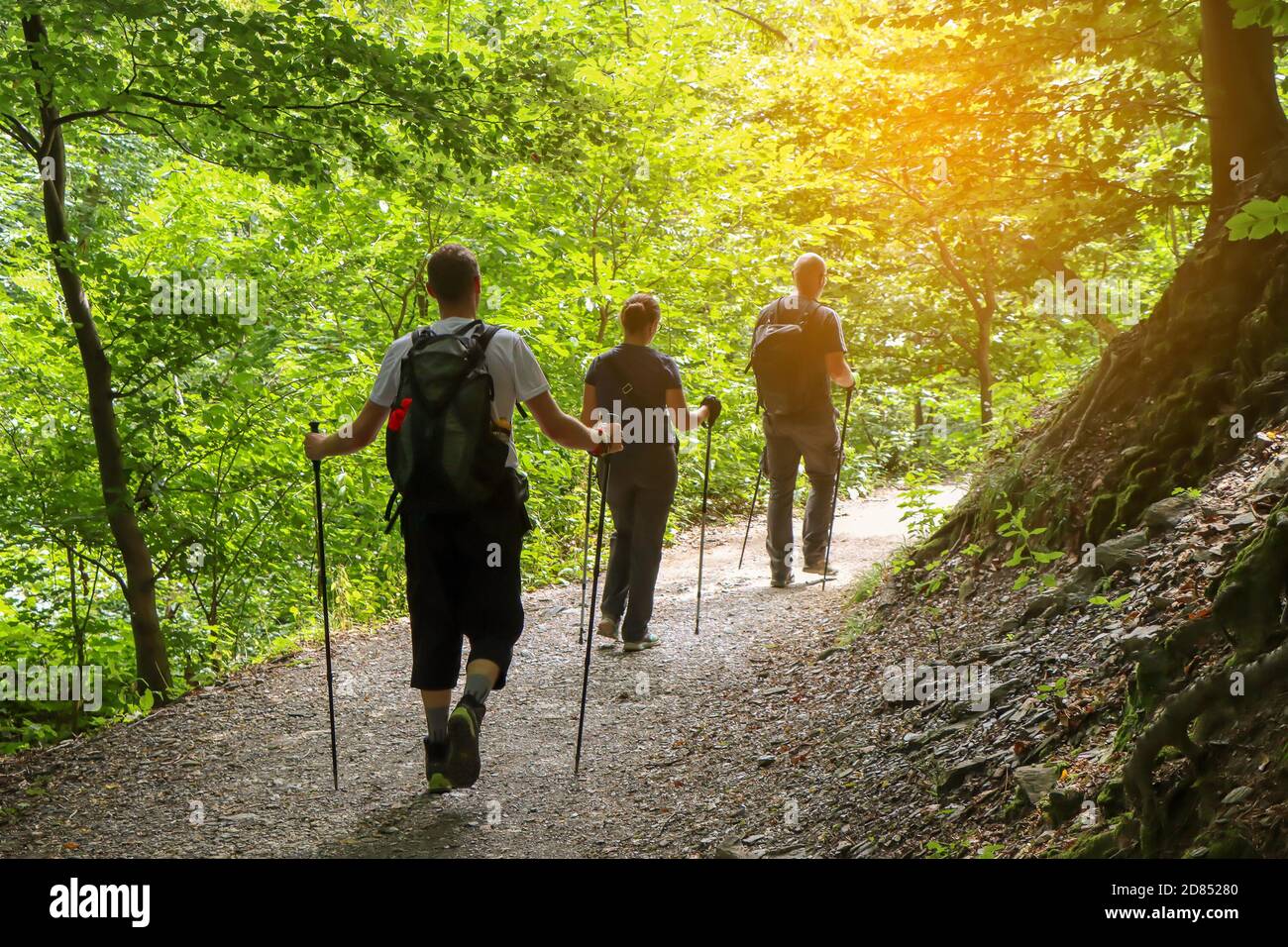 Deux hommes et une femme marchant sur un sentier de randonnée, mouvement flou Banque D'Images