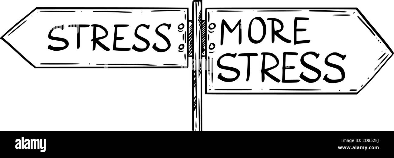 Illustration de dessin animé vectoriel de stress ou plus de stress à choisir. Signalisation routière avec flèches de direction vers la gauche et vers la droite. Illustration de Vecteur