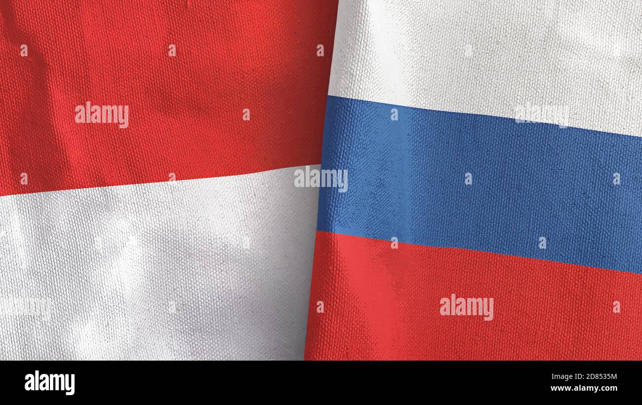 Russie et Indonésie deux drapeaux textile tissu rendu 3D Banque D'Images