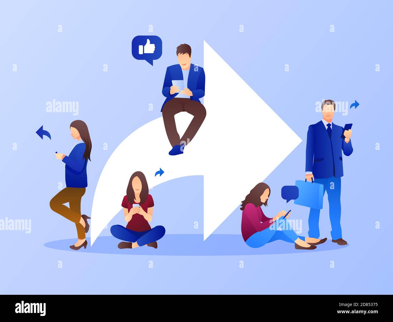 Partager l'arrière-plan avec des symboles et des personnes. Concept de marketing sur les médias sociaux. Conception plate avec dégradé. Vecteur moderne. Illustration de Vecteur