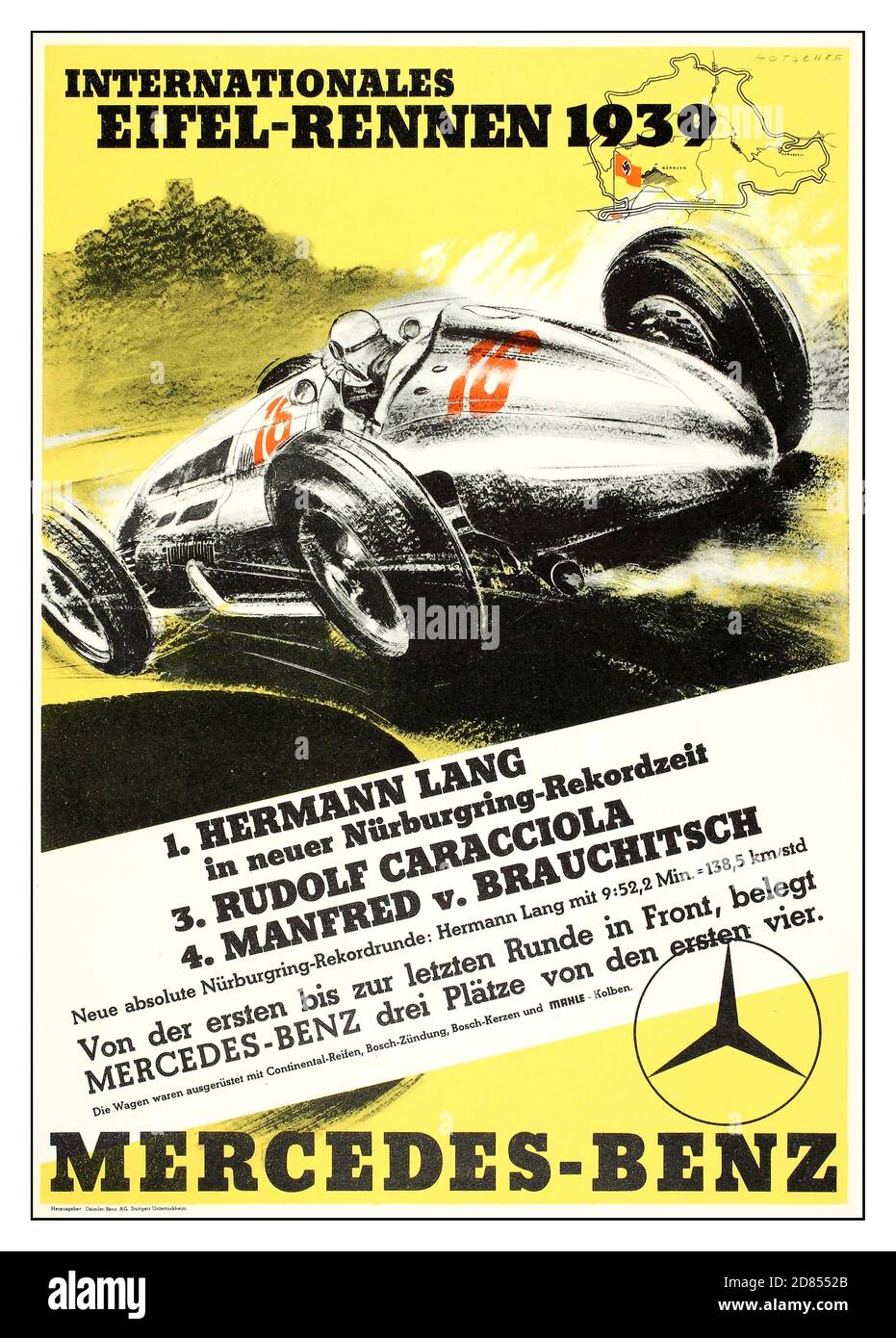 1939 affiche de Mercedes ancienne sur les courses automobiles internationales Eifel-Rennen 1939 - affiche de Mercedes Benz sur les courses automobiles vintage montage affiche de la course automobile allemande des années 1930 avec le drapeau de début-fin nazi Swastika faisant la promotion de Mercedes-Benz à la course internationale Eifel sur le Nürburgring, avec les pilotes allemands Hermann Lang, Rudolph Caracciola et Manfred von Brauchitsch. L'Eifelrennen était une course automobile annuelle, organisée par l'ADAC automobile Club de 1922 à 2003, qui s'est tenue dans la région allemande de la montagne Eifel avant même que le Nürburgring ne soit construit là. Graphiste: Gotschke Banque D'Images