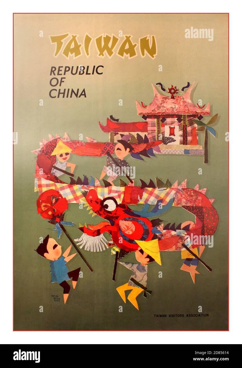 Taïwan, République de Chine, années 60 affiche originale de voyage vintage annonçant Taiwan, République de Chine image d'enfants et une danse de dragon sur fond vert conçu par Kao San LAN. Publié par l'Association de visite de Taïwan. Imprimé par Ming Ho Art Press, Taipei. Poster de voyage, Taïwan, années 1960, design par Kao San LAN Banque D'Images