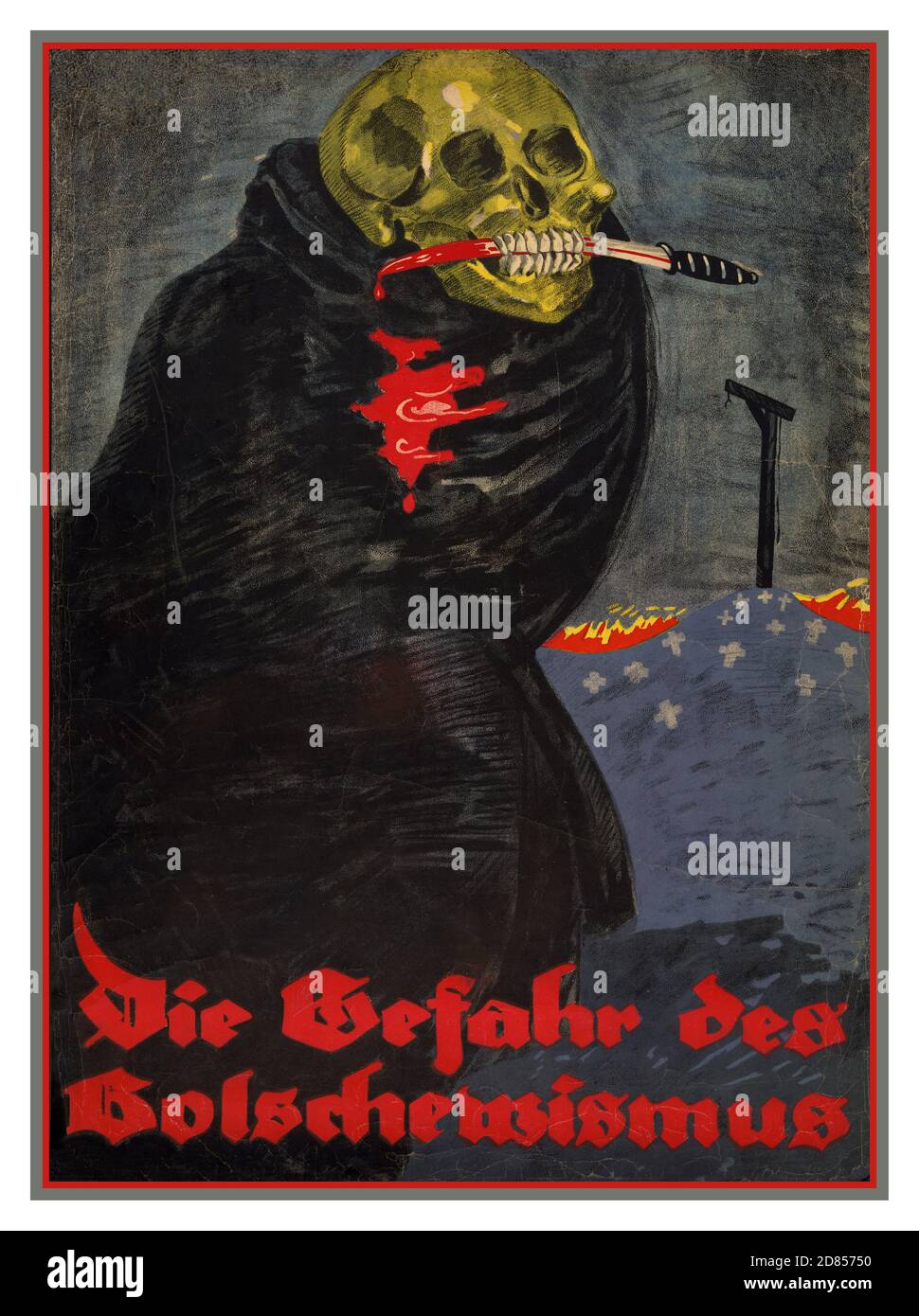 Affiche de propagande allemande vintage de la première Guerre mondiale 'Die Gefahr des Bolschewismus' ' le danger du bolchevisme ' l'œuvre de l'artiste Rudi Feld 1919 (affiche) couleur lithographe l'affiche montre un squelette, enveloppé dans un manteau noir, avec un couteau sanglant tenu dans ses dents. En arrière-plan une colline de croix sur le dessus de laquelle est un galpermettre. Le texte se lit comme suit : « le danger du bolchevisme ». WW1 affiche de propagande allemande première Guerre mondiale Banque D'Images