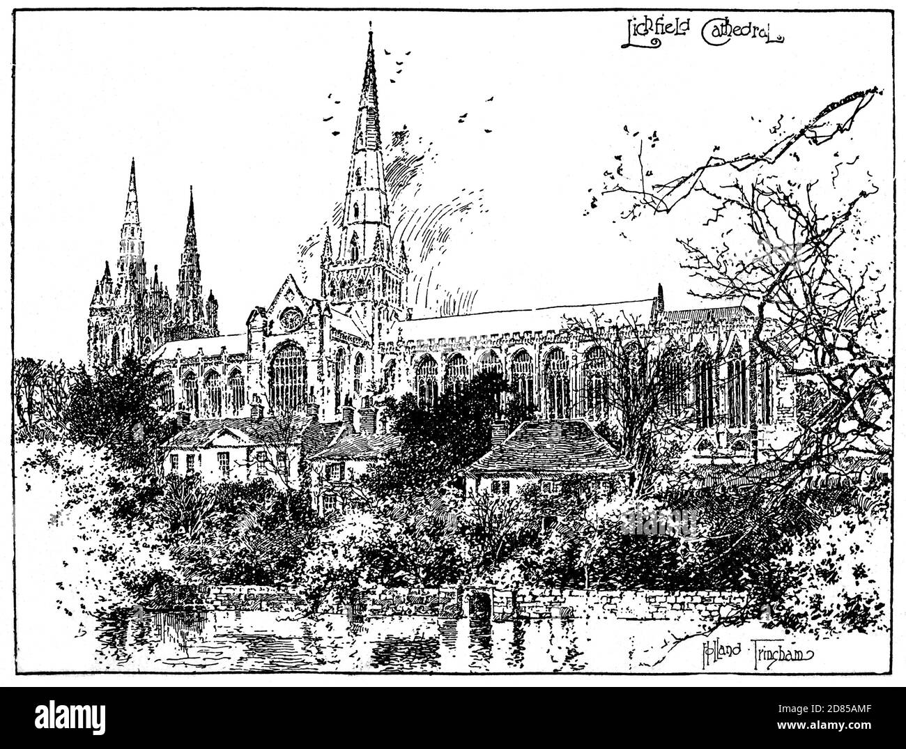 Une illustration du XIXe siècle de la cathédrale de Lichfield dédiée à Saint-Tchad et à Sainte-Marie à Lichfield, Staffordshire, Angleterre, est la seule cathédrale anglaise médiévale avec trois flèches. La construction de la cathédrale gothique a commencé en 1195 et a été achevée par la construction de la Chapelle de la Dame en 1330 maintenant avec certains des plus beaux verre peint flamand médiéval en existence - datant des années 1530 il est venu de l'abbaye d'Herkenrode en Belgique. La Maison du Chapitre abrite une exposition du plus grand Trésor de la cathédrale, les Évangiles de Lichfield, un manuscrit illuminé du 8ème siècle. Banque D'Images Une illustration du XIXe siècle de la cathédrale de Lichfield dédiée à Saint-Tchad et à Sainte-Marie à Lichfield, Staffordshire, Angleterre, est la seule cathédrale anglaise médiévale avec trois flèches. La construction de la cathédrale gothique a commencé en 1195 et a été achevée par la construction de la Chapelle de la Dame en 1330 maintenant avec certains des plus beaux verre peint flamand médiéval en existence - datant des années 1530 il est venu de l'abbaye d'Herkenrode en Belgique. La Maison du Chapitre abrite une exposition du plus grand Trésor de la cathédrale, les Évangiles de Lichfield, un manuscrit illuminé du 8ème siècle. Banque D'Images