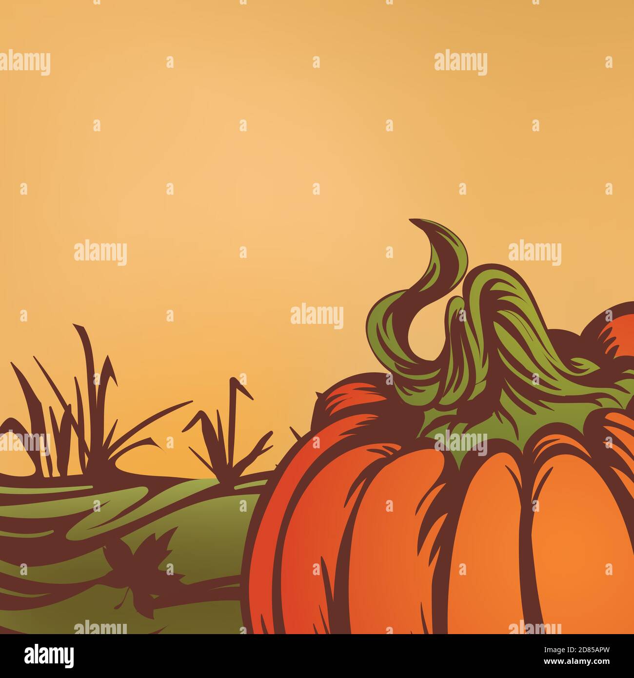 citrouille sur le terrain. Les feuilles d'automne tombent. Saison de récolte. Illustration vectorielle saisonnière. Illustration de Vecteur