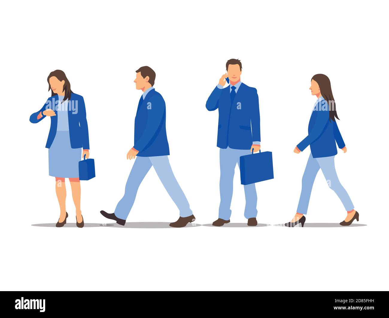 Ensemble vectoriel de personnages de marche et de travail debout. Équipe d'affaires internationale. Conception plate simple, coloris bleus. Illustration de Vecteur