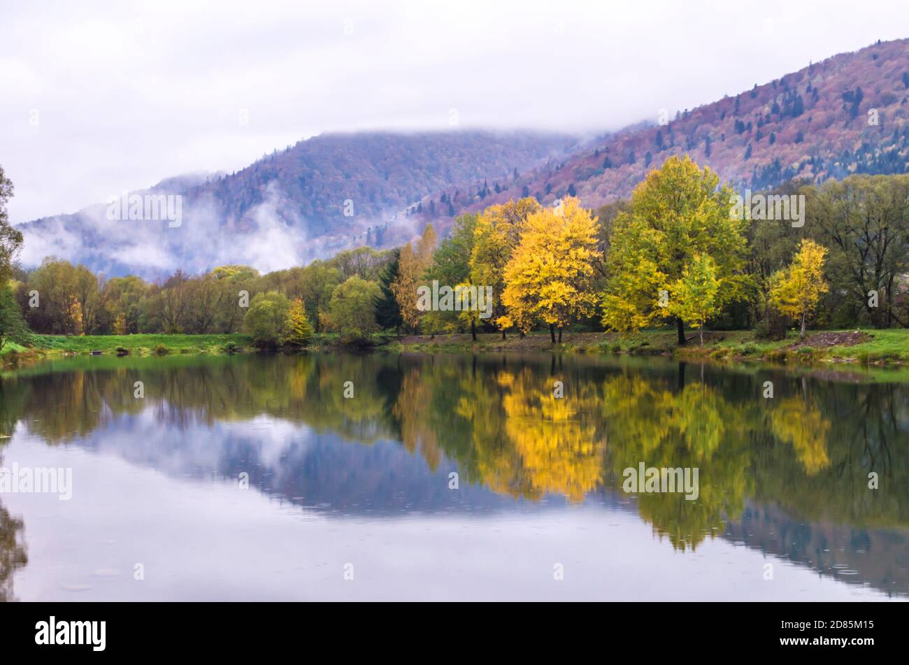 Parc d'automne avec étang. Reflets du feuillage d'automne sur le lac. Le feuillage d'automne coloré projette son reflet sur les eaux calmes d'un lac. Banque D'Images