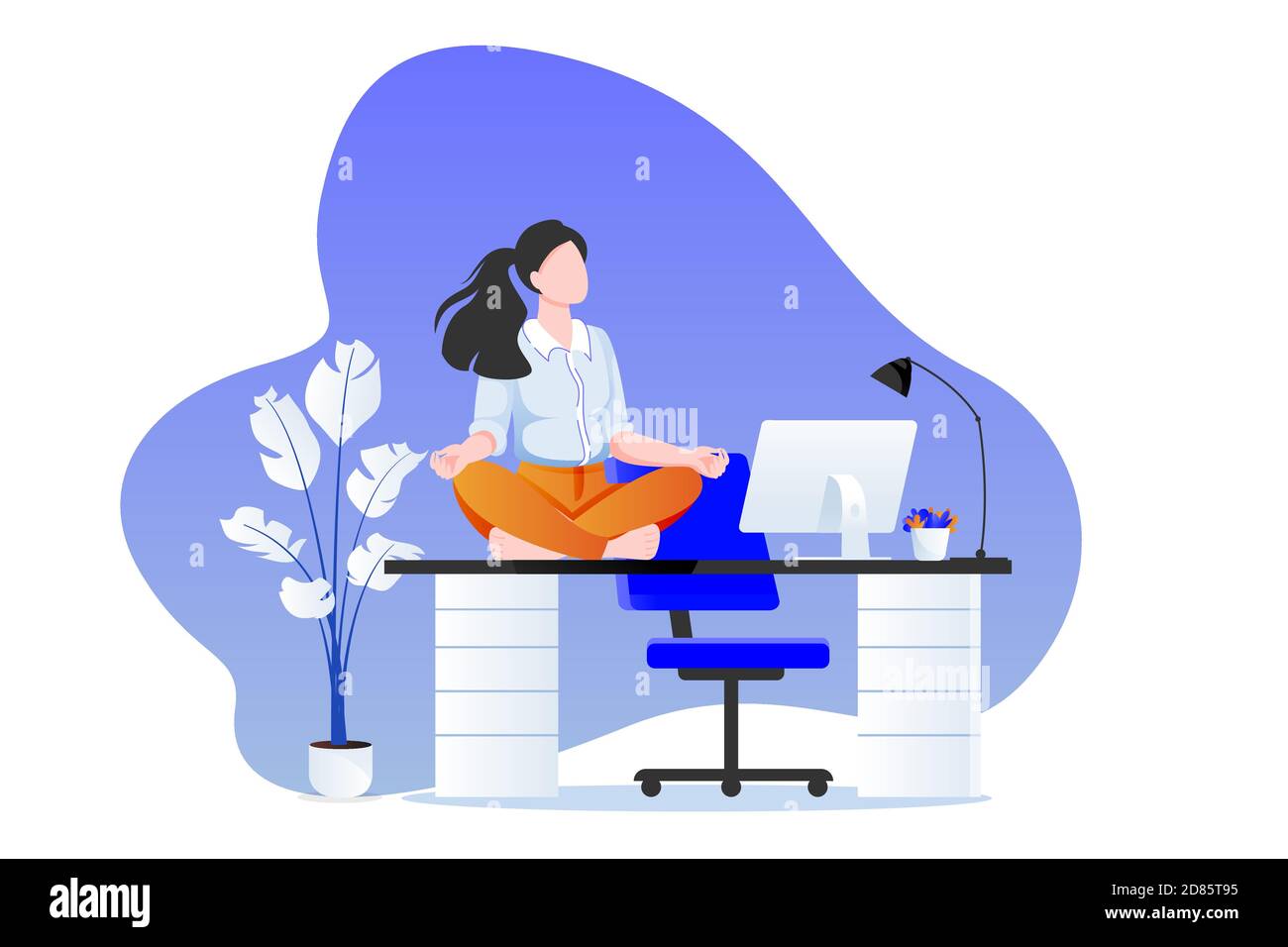 Une femme d'affaires assise à lotus pose sur le bureau. Bureau yoga 5 minutes de pause. Femme méditant dans un cabinet moderne. Illustrat de caractères vectoriels Illustration de Vecteur