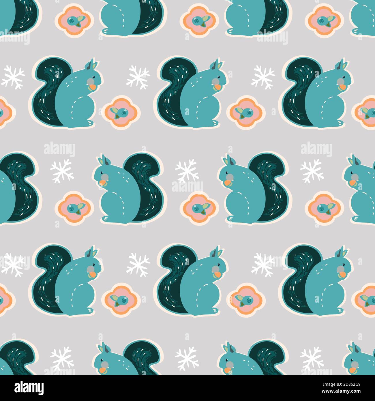 Vecteur mignon géométrique hiver écureuil kawaii motif. Design scandinave sans couture avec écureuil et baies stylisés sur fond gris neutre. Parfait pour le tissu, la chambre de bébé et la décoration d'intérieur. Illustration de Vecteur