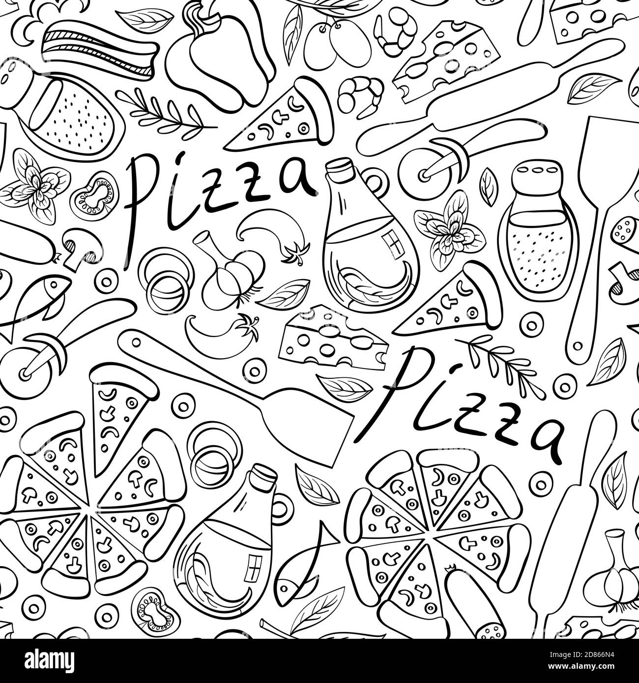 Motif de pizza sans coutures. Icônes fastfood noires sur fond blanc. Illustration vectorielle. Illustration de Vecteur