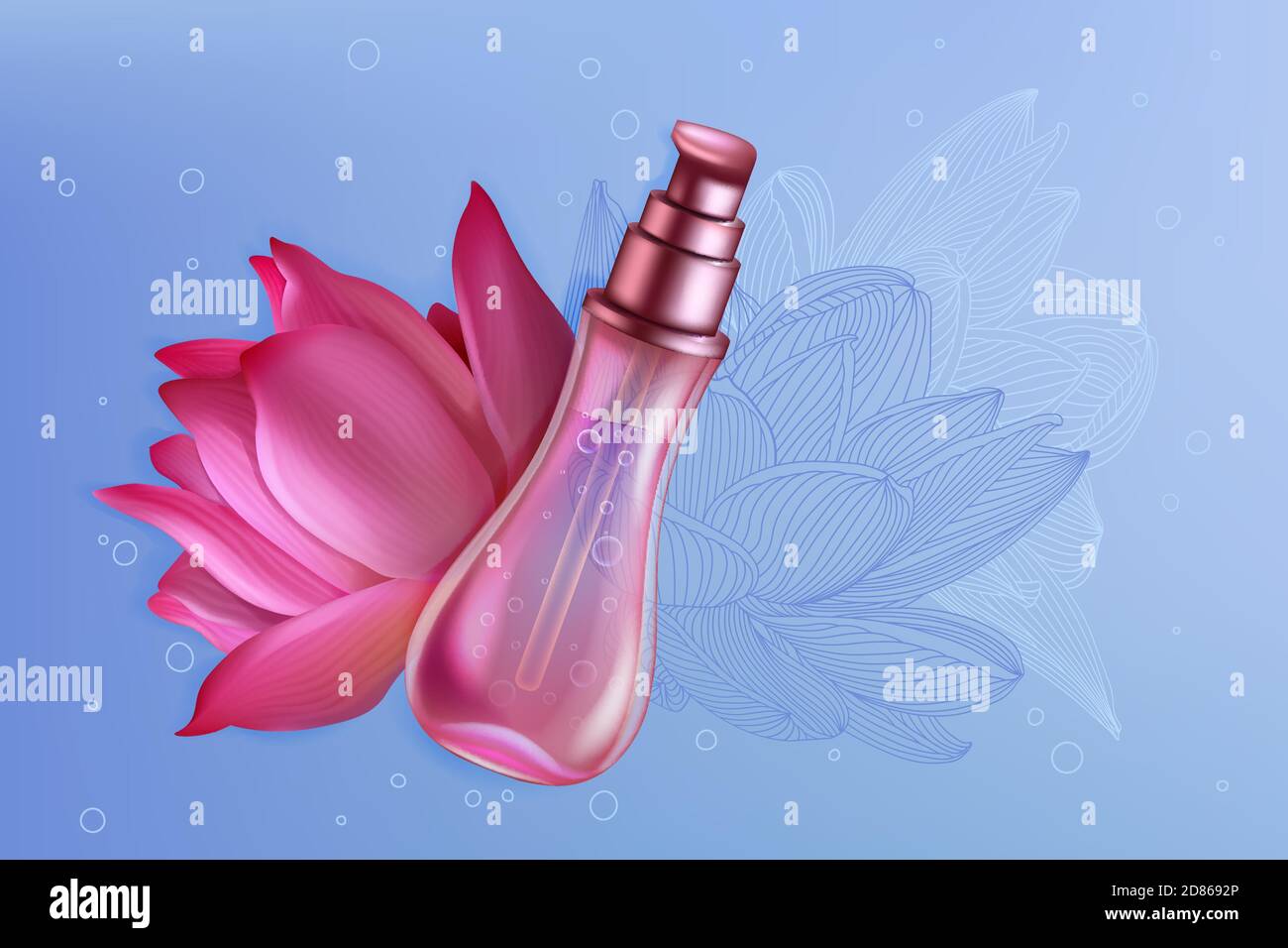 Illustration vectorielle de l'emballage de parfum rose lotus lys de luxe. Design 3d réaliste pour catalogue de brochures ou magazine avec flacon vaporisateur d'emballage de parfum et beau fond naturel de fleur de lotus Illustration de Vecteur