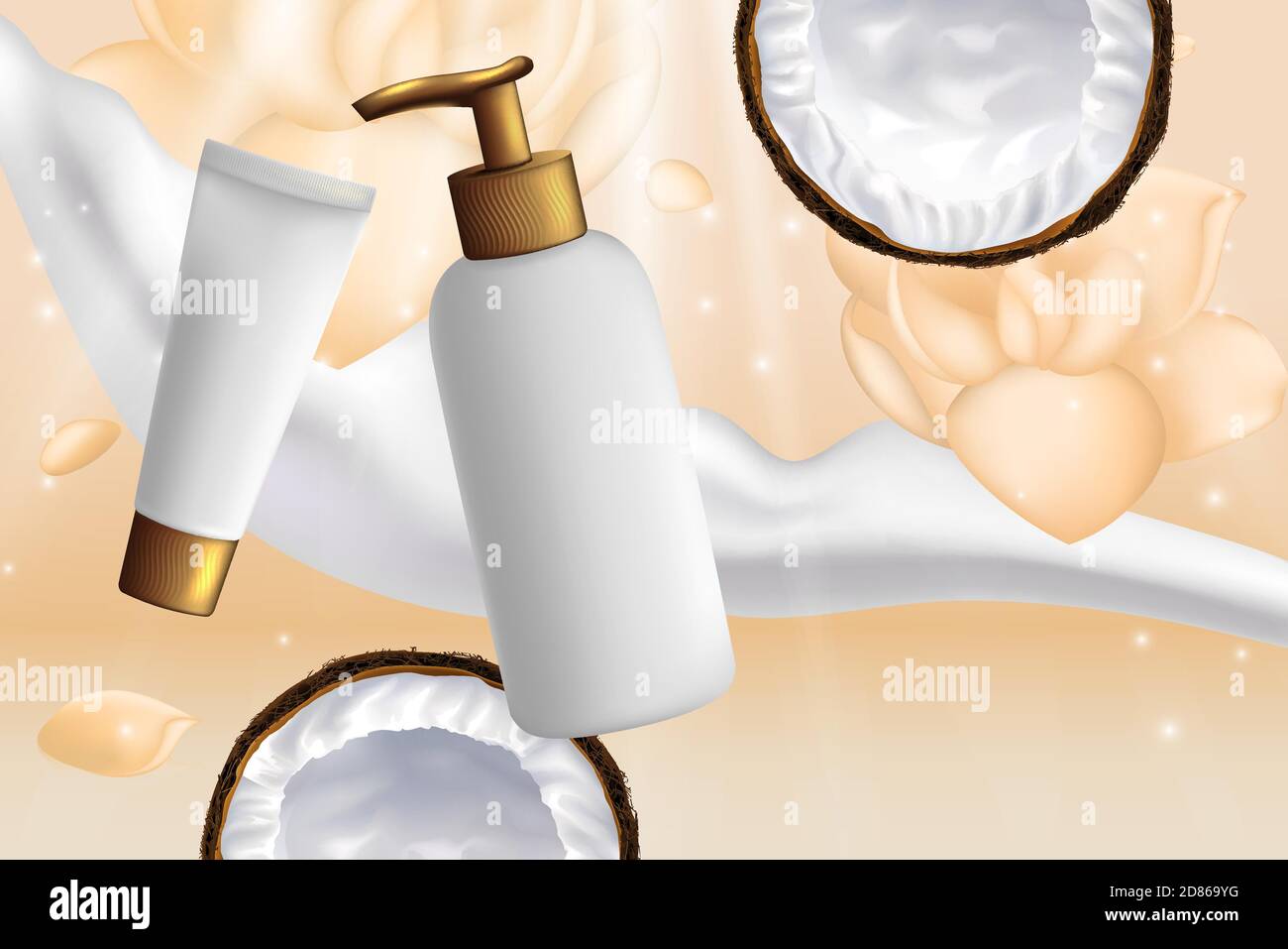 Illustration vectorielle des emballages cosmétiques de noix de coco. Bouteille 3D réaliste et emballage de récipient avec crème hydratante de noix de coco ou lait de lotion pour le corps, gel douche pour beauté soins de la peau de fond publicitaire Illustration de Vecteur