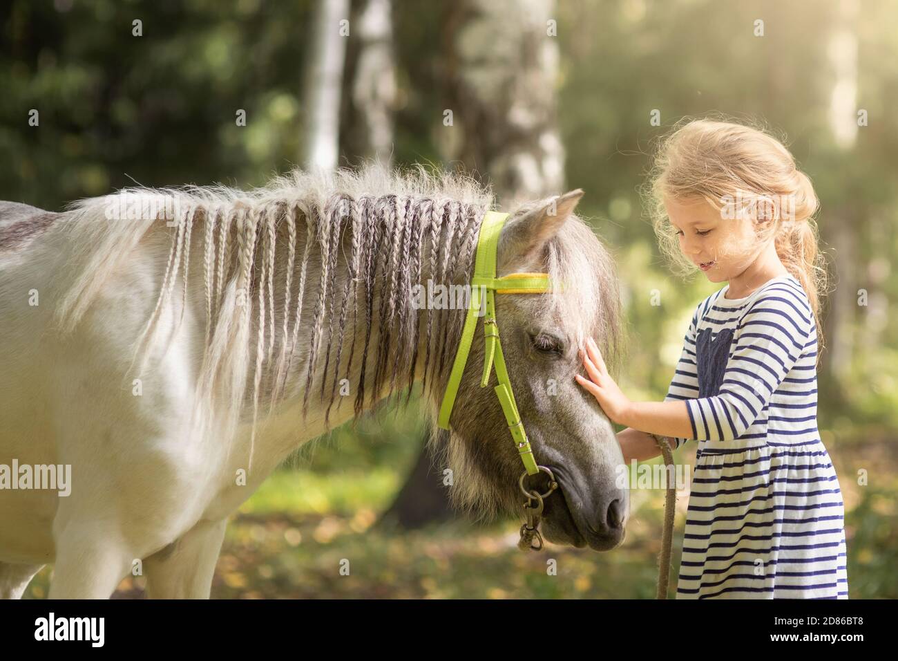 Petite fille blonde caressant le petit poney et embrassant il Banque D'Images