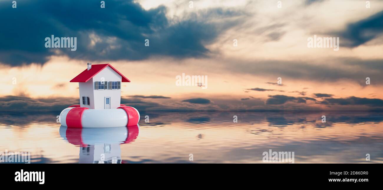 Maison sur Lifebuoy en mer. Illustration 3d de rendu du concept de sécurité domestique Banque D'Images