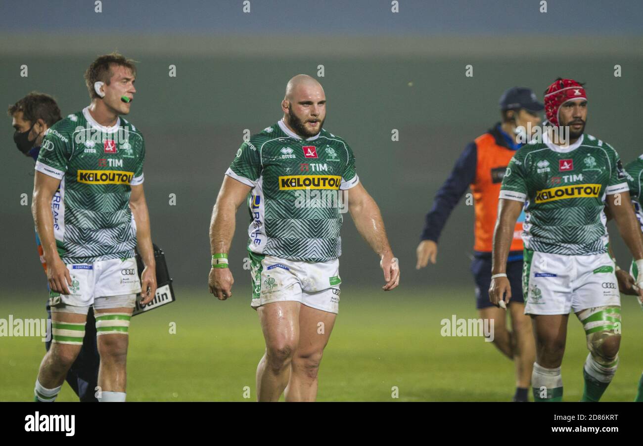 Federico Ruzza, Filippo Alongi e Hame Faiva (Trévise) pendant Benetton Trévise vs Scarlets Rugby, Rugby Guinness Pro 14 Match, Trévise, Italie, 23 oct. C Banque D'Images