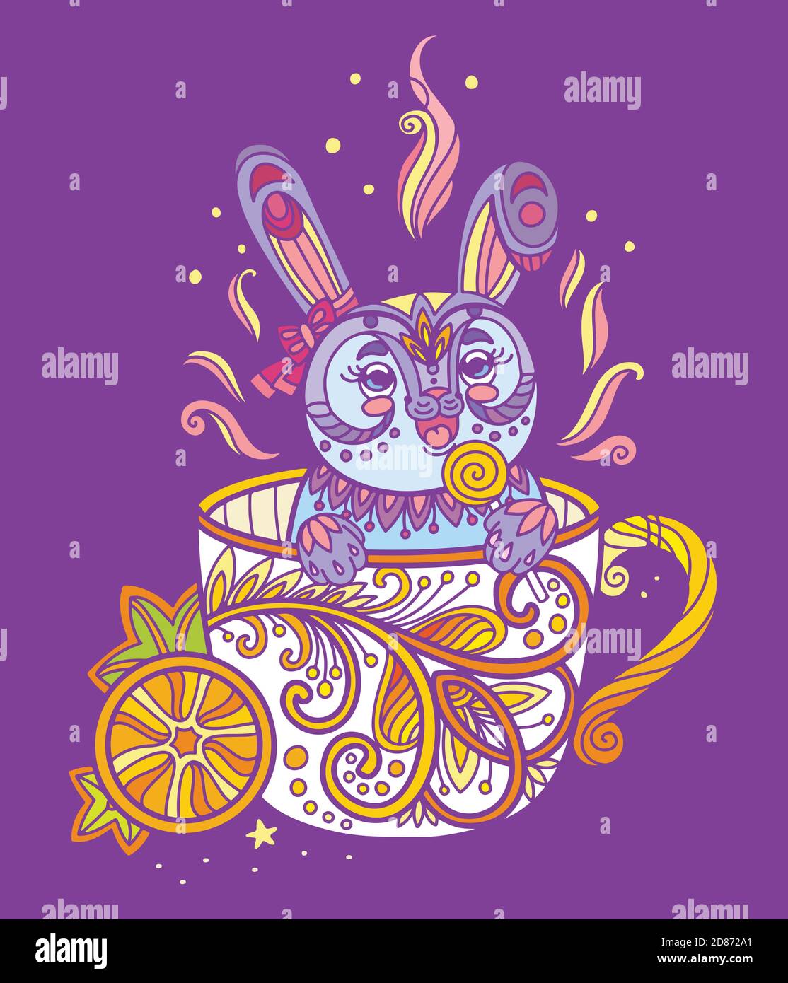 Joli lapin kawaii dans une tasse. Illustration anti-stress pour adulte avec un animal en forme de nœuds isolé sur fond violet. Illustration vectorielle colorée pour Illustration de Vecteur