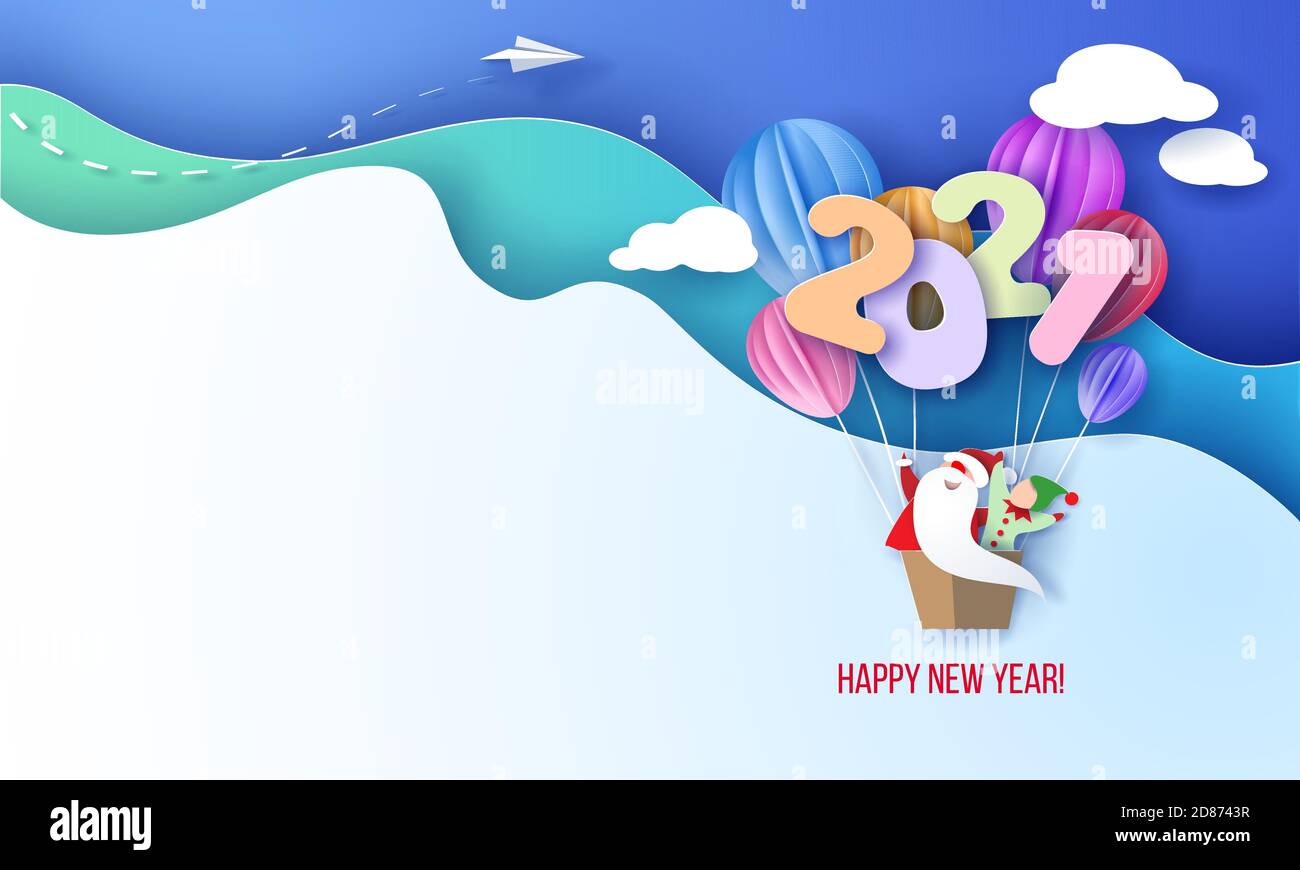 Carte de création du nouvel an 2021 avec ballons d'air volant du Père Noël et de l'orf sur fond bleu ciel. Illustration de papier vectoriel. Coupe de papier et style artisanal. Illustration de Vecteur