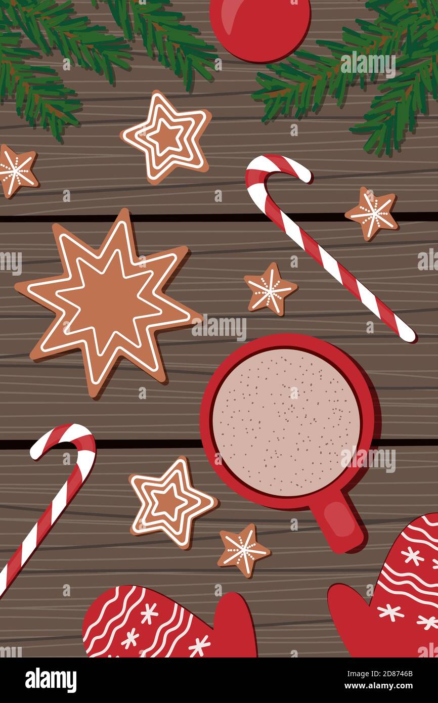 Tasse rouge avec cappuccino, étoiles de pain d'épice de Noël, sucettes de  canne, moufles rouges et branches d'épicéa sur fond de bois. Vue d'en haut  Image Vectorielle Stock - Alamy