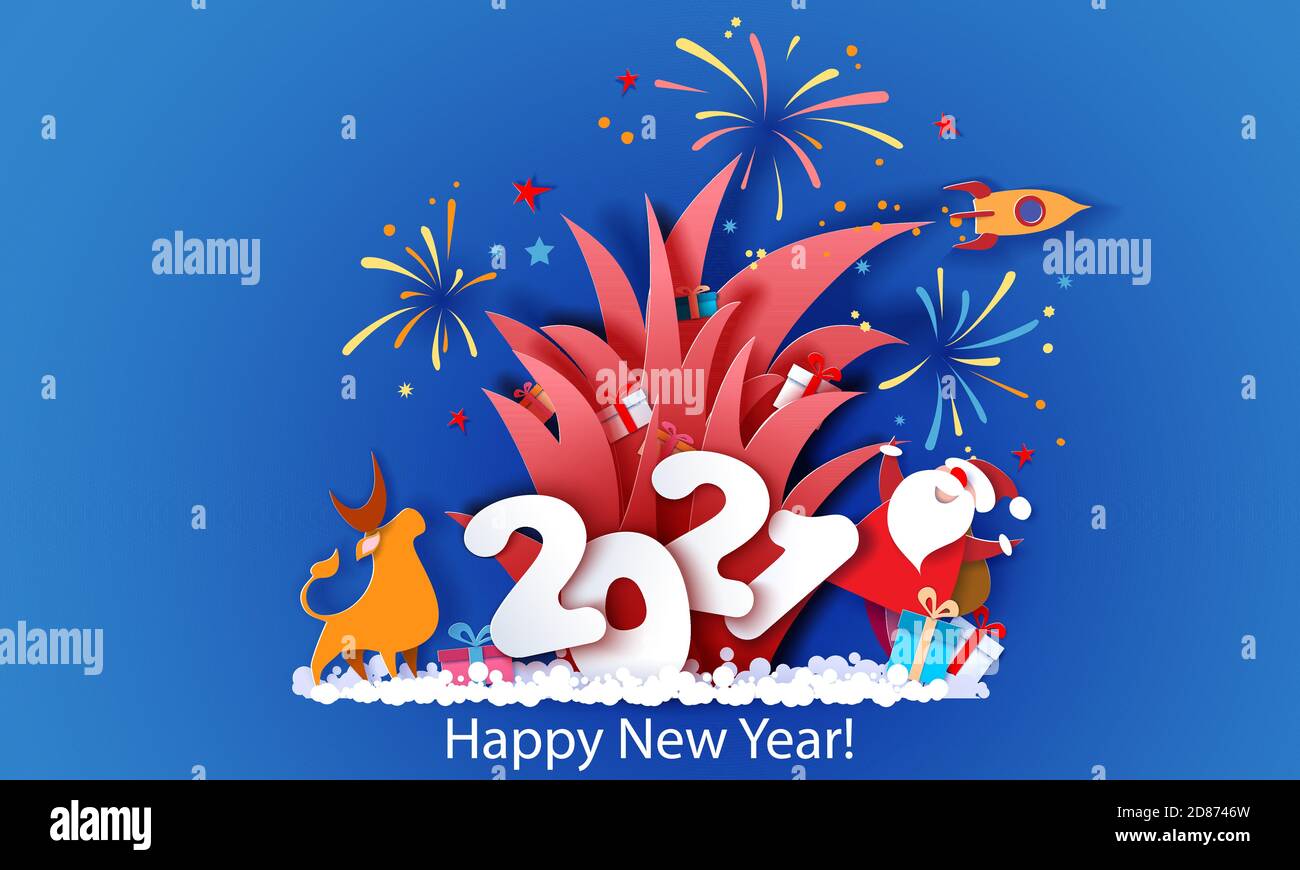 Nouvelle année de conception publicitaire. Le Père Noël avec taureau et feux d'artifice sur les grandes lettres 2021 sur fond bleu. Illustration d'illustrations vectorielles sur papier pour bannières promotionnelles, en-têtes, affiches et autocollants Illustration de Vecteur