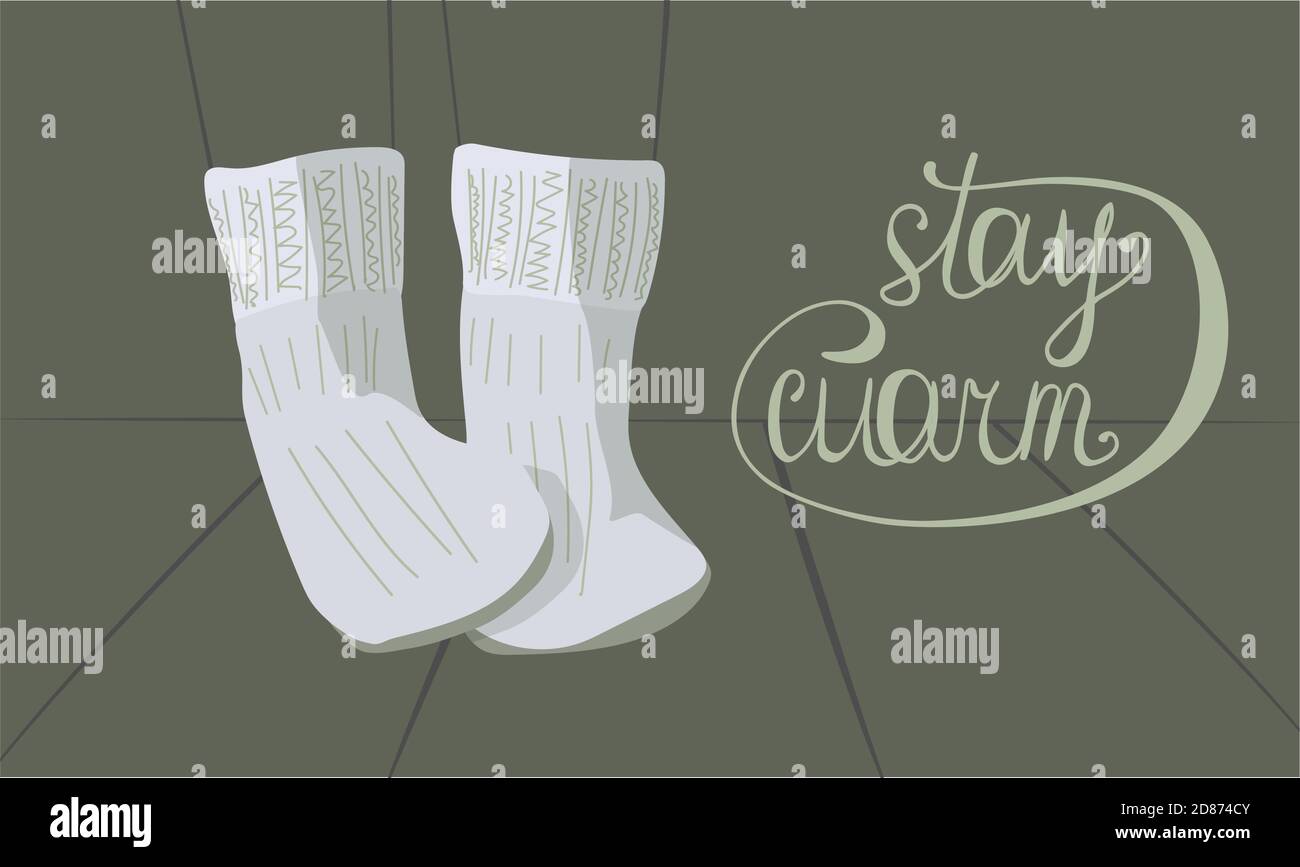 les chaussettes chaudes tricotées gris clair et l'inscription restent chaudes sur fond gris-vert. contours des jambes et du sol en planche. concept chaud Illustration de Vecteur