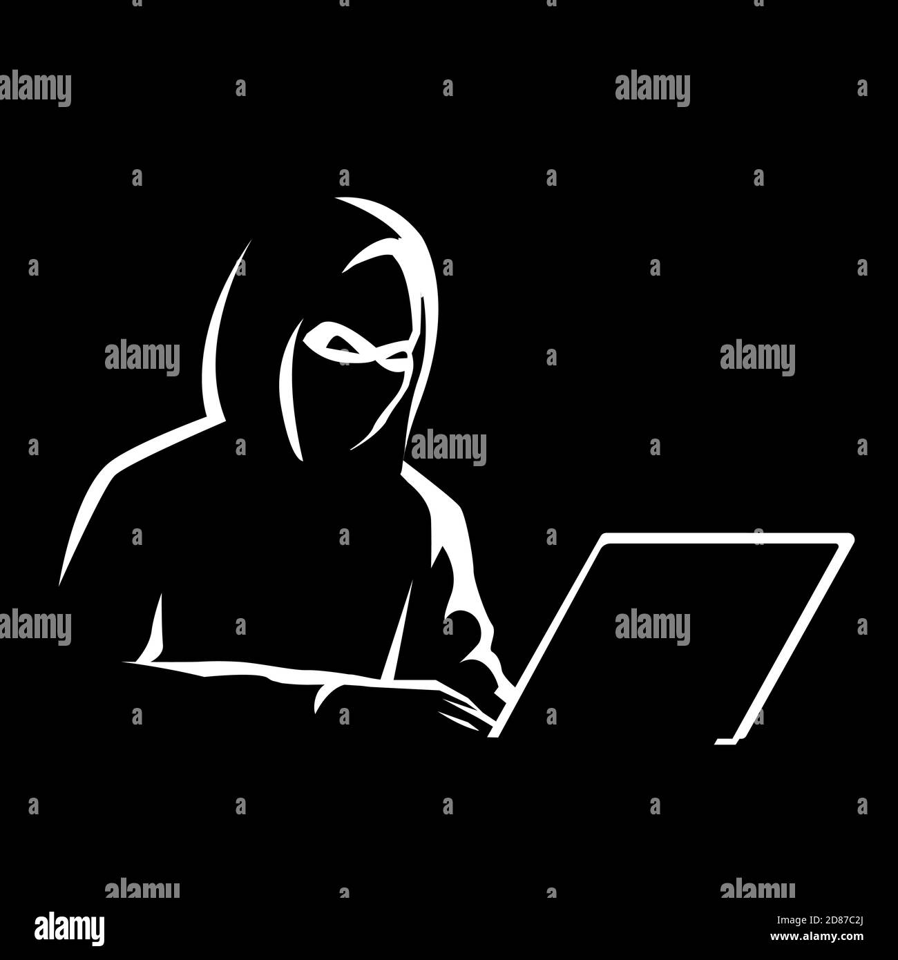 Un hacker masculin sur un ordinateur portable. Silhouette sombre avec un visage sinistre. Illustration vectorielle. Illustration de Vecteur