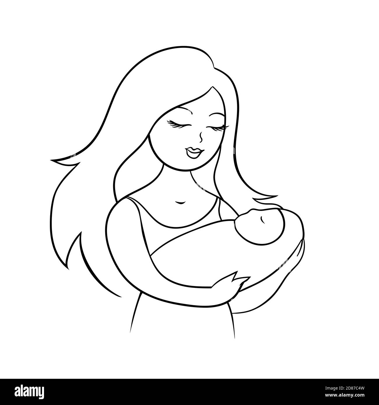 Jeune mère avec un bébé dans ses bras. La femme a un sourire heureux sur son visage. Illustration de dessin animé vectoriel avec des lignes. Illustration de Vecteur