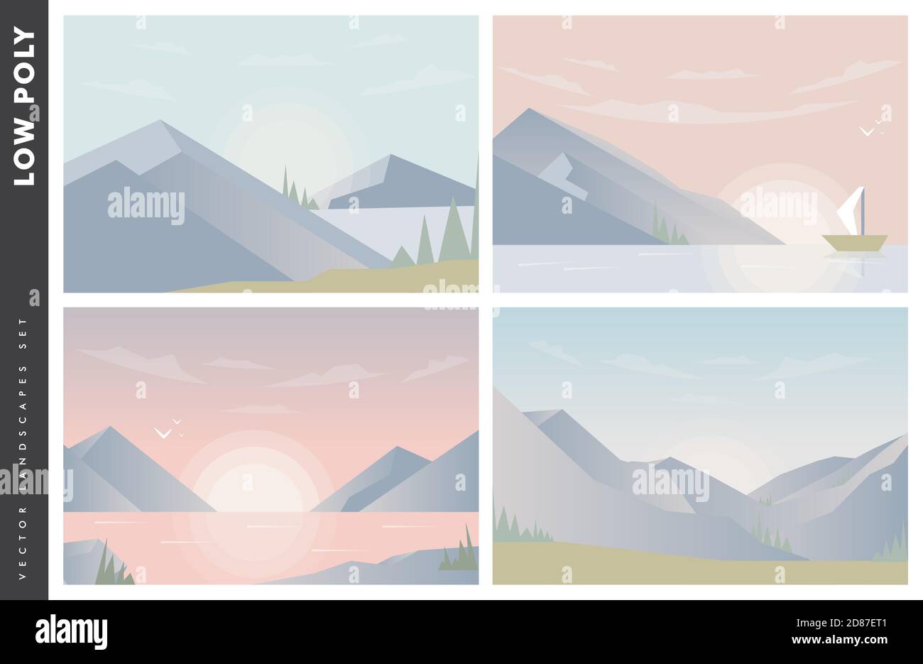 Image abstraite d'un coucher de soleil ou d'un soleil à l'aube sur les montagnes à l'arrière-plan et rivière ou lac au premier plan. Paysage de montagne. Vecteur i poly bas Illustration de Vecteur