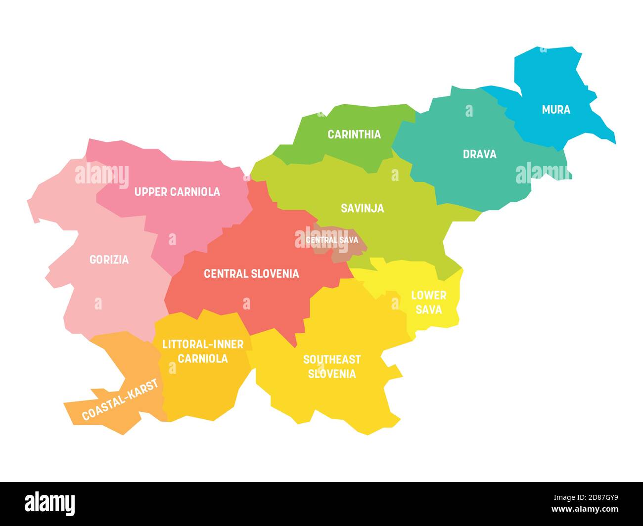 Carte politique colorée de la Slovénie. Divisions administratives - régions statistiques. Carte vectorielle plate simple avec étiquettes. Illustration de Vecteur